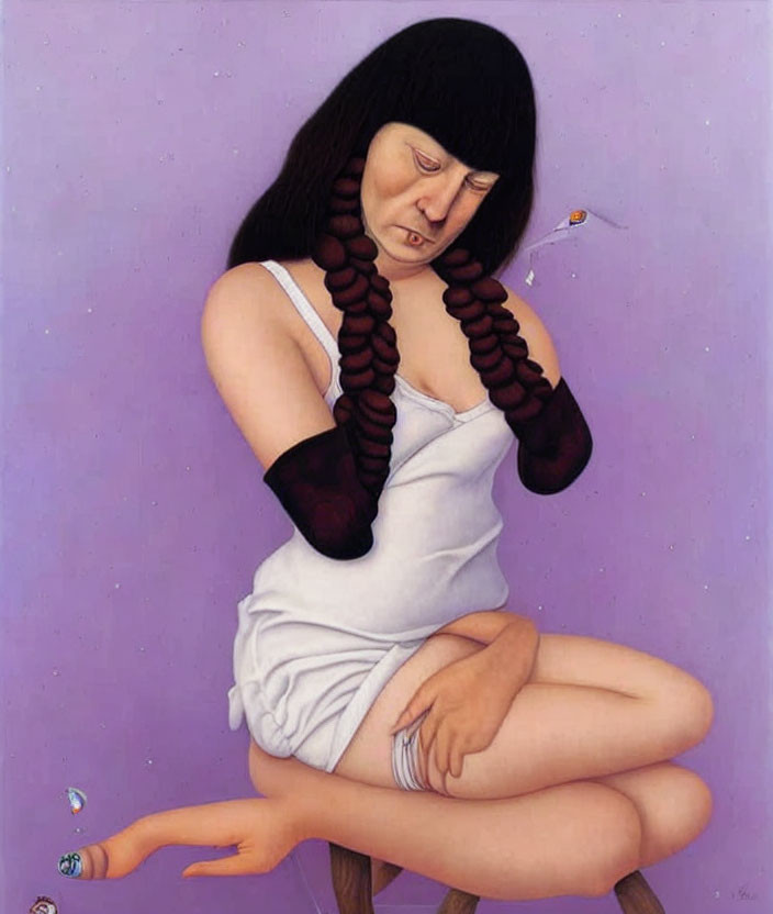 Surreal painting of seated figure with long braided hair, butterflies, white top, black gloves