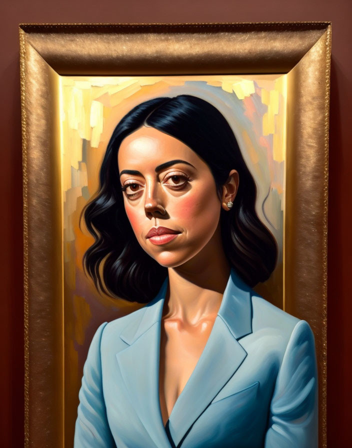 Stylized portrait of woman with dark hair in blue blazer against golden abstract background