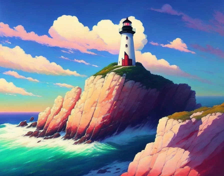 Digital art: Lighthouse on rocky cliff with heart-shaped clouds and crashing waves