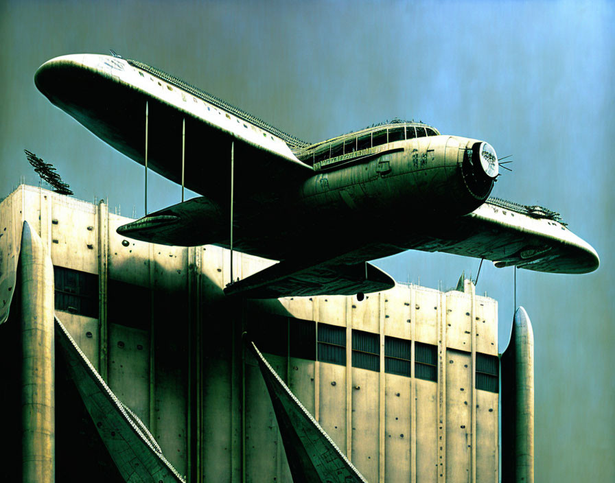 Retro-futuristic aircraft with propeller on industrial structure under greenish sky