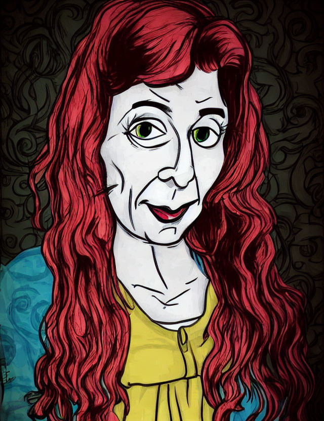 Stylized Woman with Red Hair and Green Eyes in Yellow Top on Ornate Background