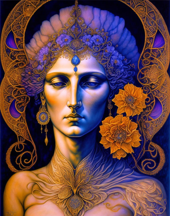 Detailed illustration of person with gold adornments, jeweled headdress, and orange flowers in vibrant blue