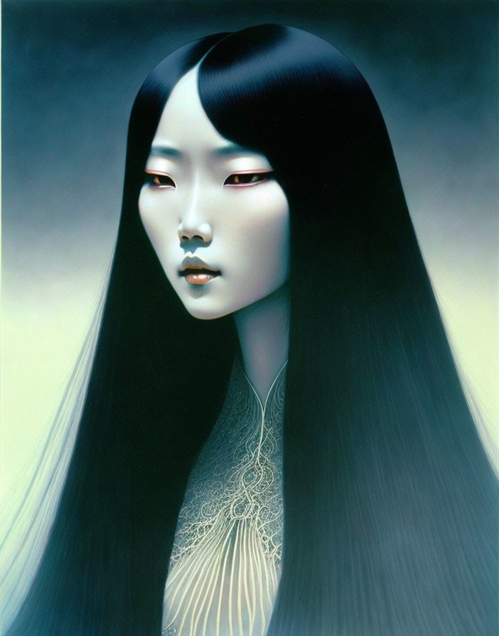 Surreal portrait of woman with black hair, pale skin, and red eyes