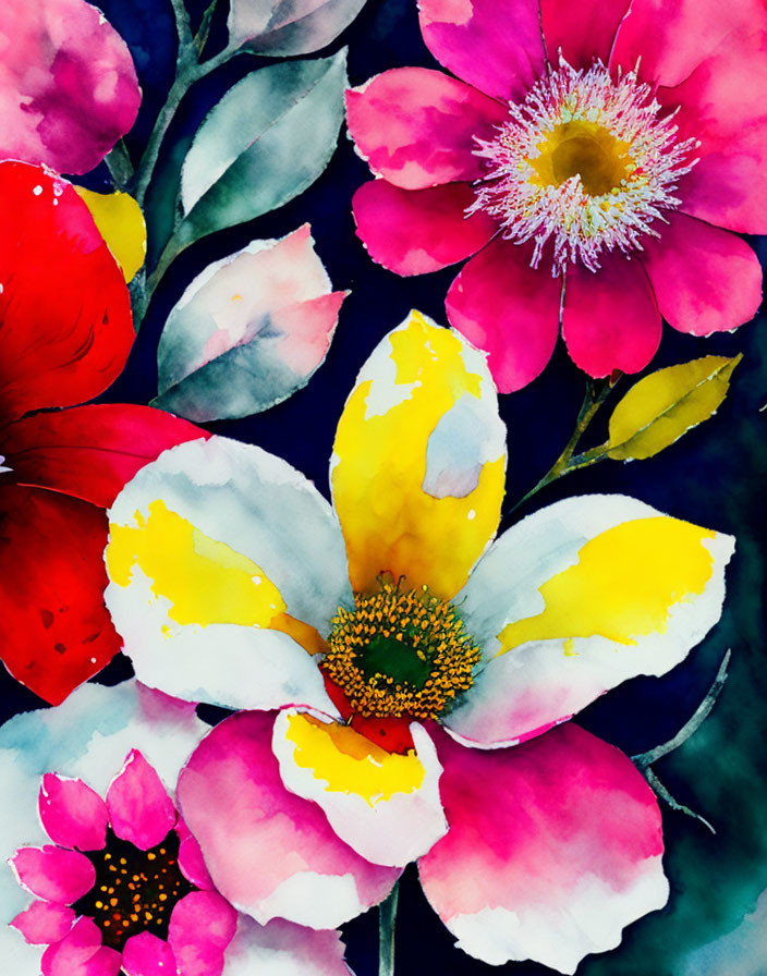 Colorful Watercolor Painting of Assorted Flowers