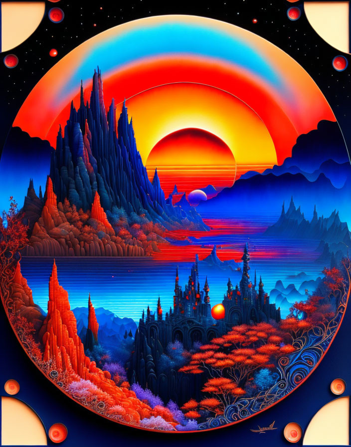 Colorful surreal landscape with pointed mountains and large sun in red and blue hues, featuring intricate details.