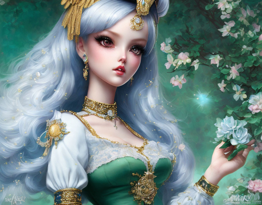 Fantasy character with silver hair in green and gold dress among blooming flowers