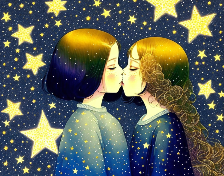 Illustrated characters kiss under starry night sky