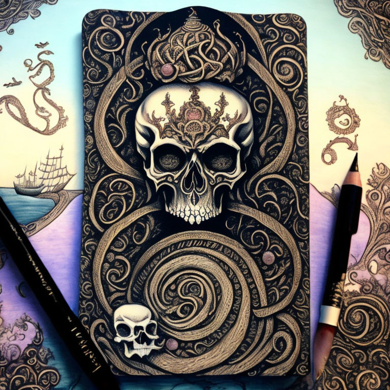 Detailed Skull Drawing with Swirling Patterns and Maritime Elements