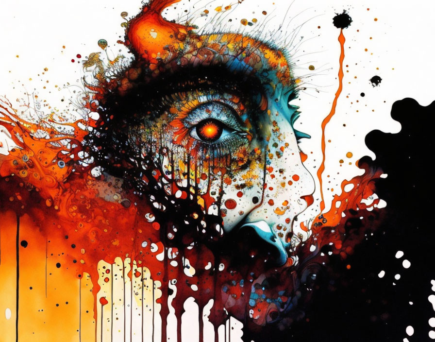 Colorful Abstract Eye Artwork with Watercolor and Ink in Red, Orange, Black, Yellow