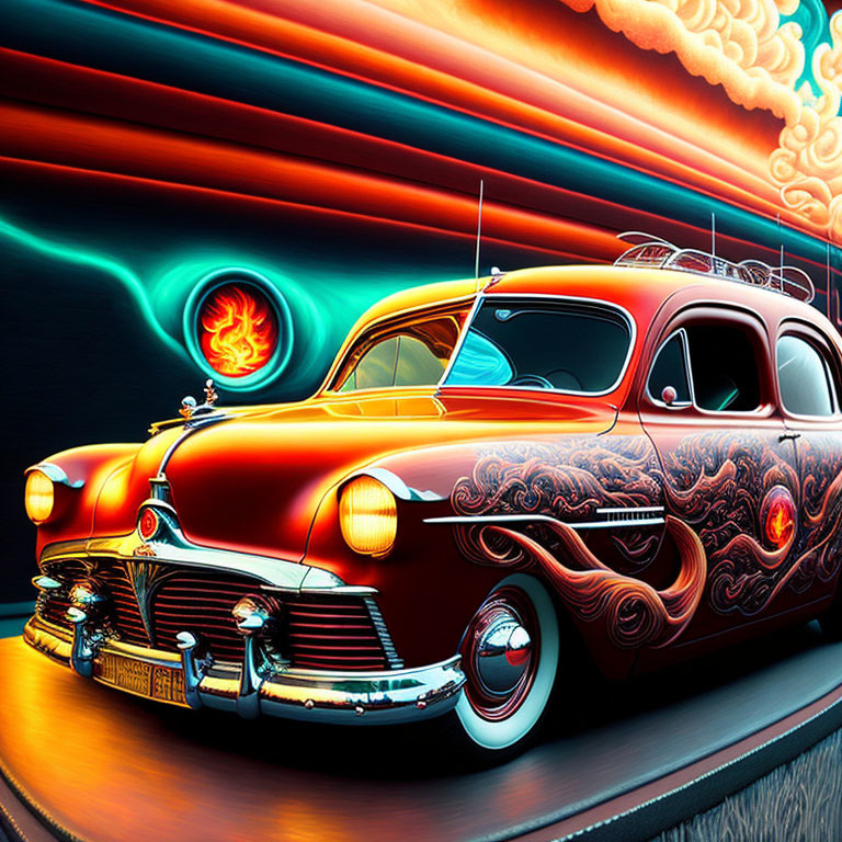 Vibrant classic car with red and orange flame design in digitally enhanced image