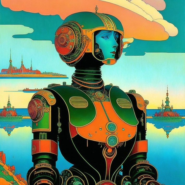 Colorful futuristic female robot illustration with ornate helmet and body armor in sunset setting.