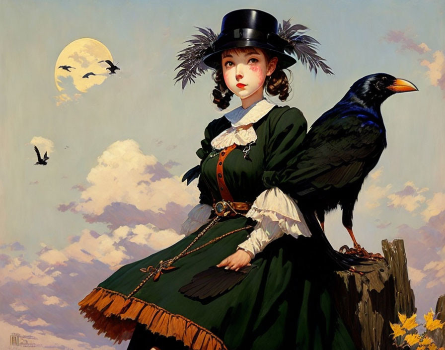 Victorian-era woman in green dress with black hat beside crow under full moon in illustrated scene