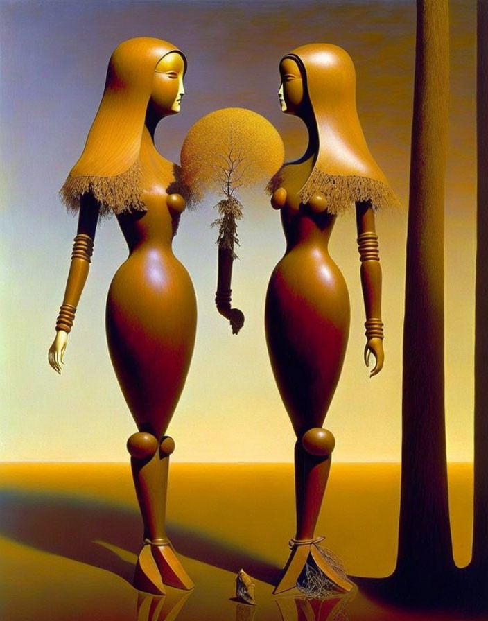 Surreal humanoid figures with elongated bodies sharing a golden sun-like object