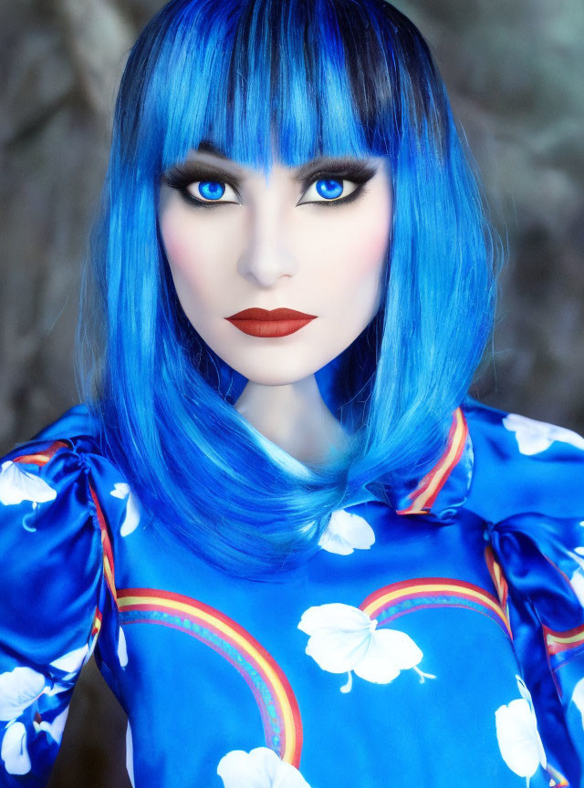 Vibrant blue hair, blue eyes, red lipstick, in floral outfit