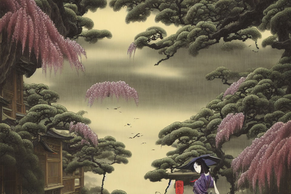 Japanese-style illustration of figure in traditional attire under vibrant wisteria canopy