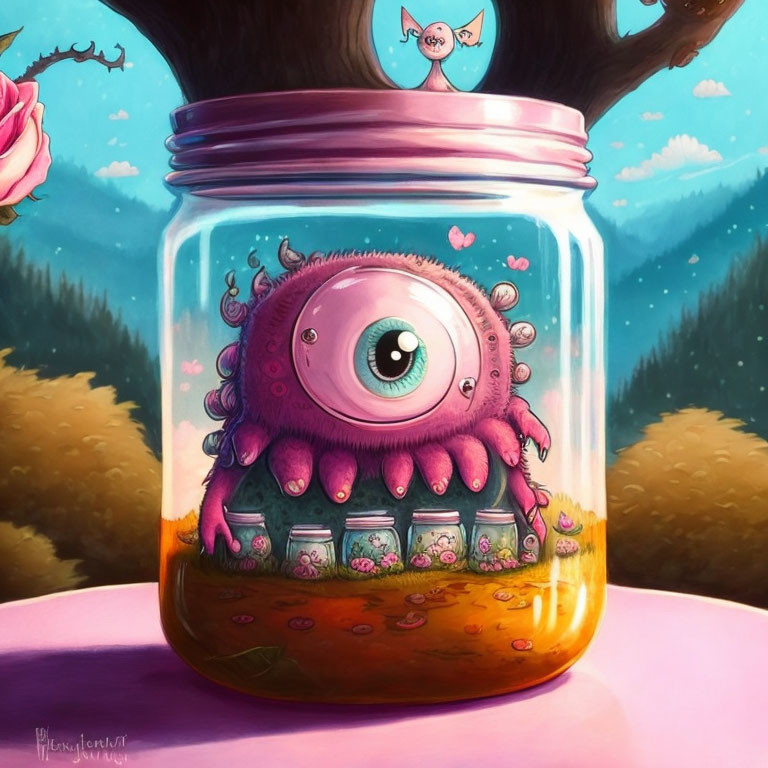 Colorful one-eyed creature in jar with forest backdrop and owl