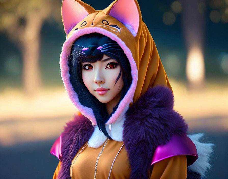 Cosplayer in orange and white cat hood with purple accents outdoors