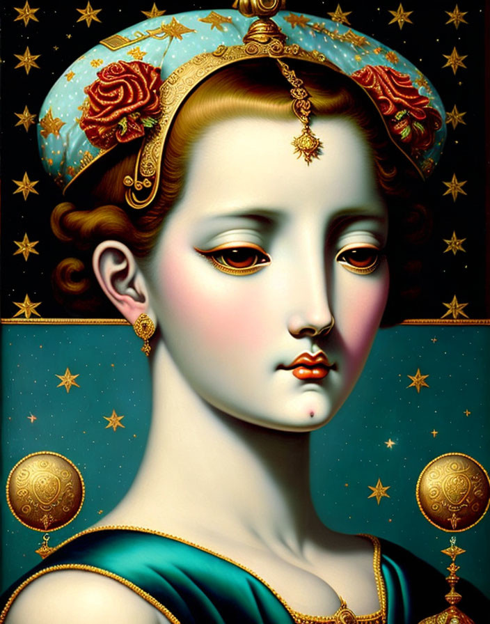 Stylized portrait of woman with pale skin and gold-adorned headscarf