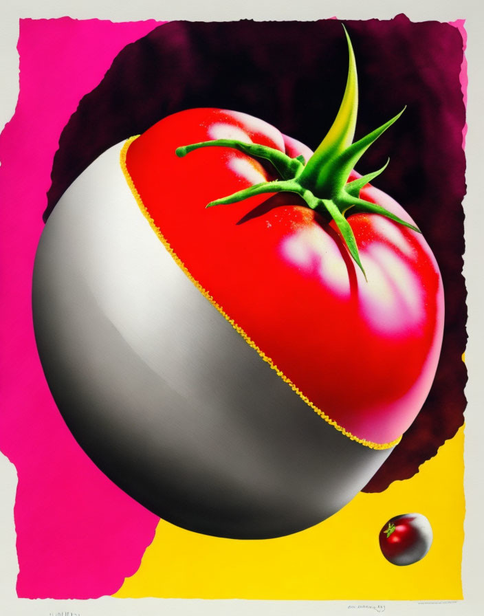 Colorful artwork of ripe tomato on metallic silver bottom, against abstract pink and yellow backdrop with smaller tomato