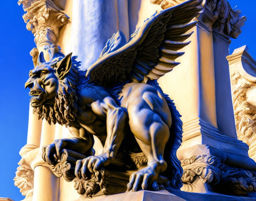 Intricately detailed winged lion sculpture under clear blue sky