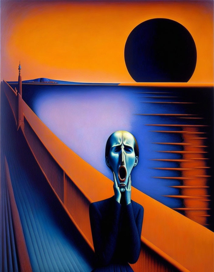 Surrealist painting: elongated figure screaming on bridge under orange sky