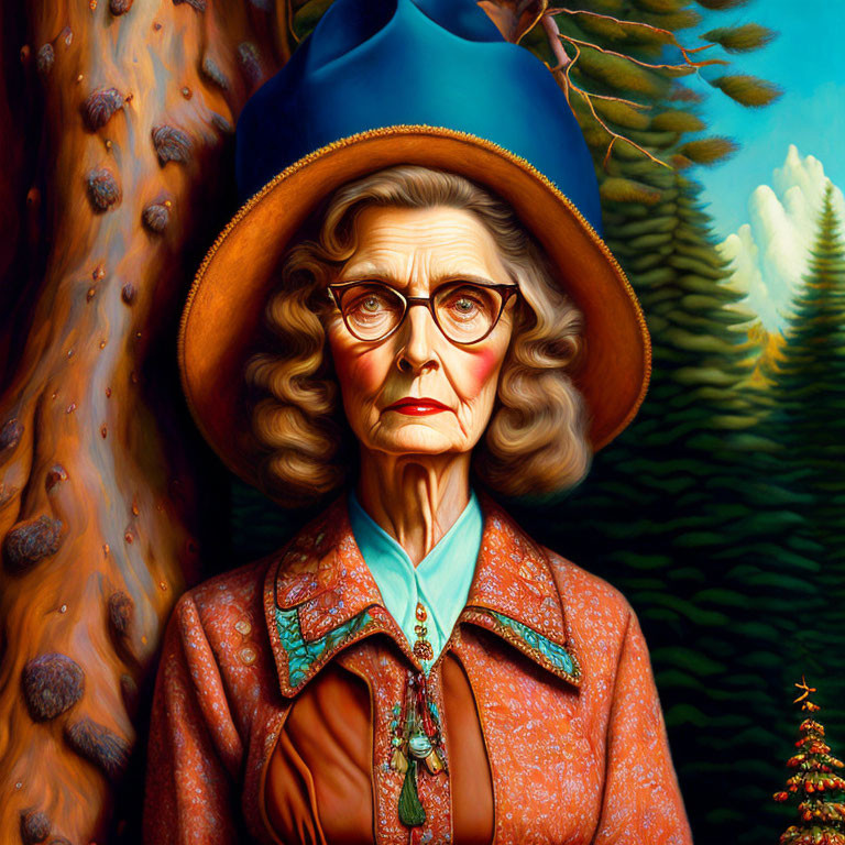 Elderly woman in blue hat and ornate brooch by large tree