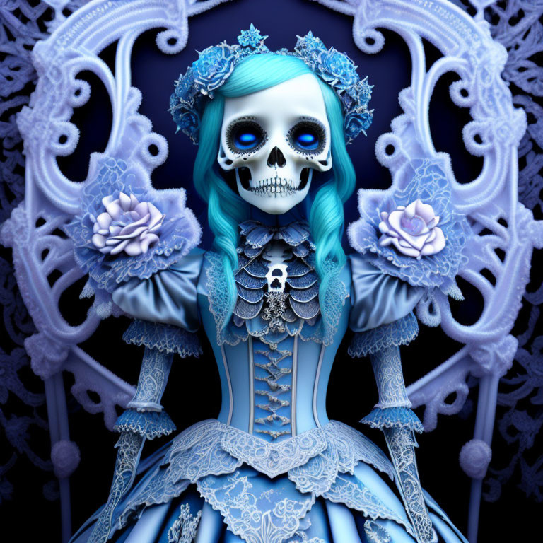 Cartoon-style skeleton in blue Victorian dress with floral elements on detailed background