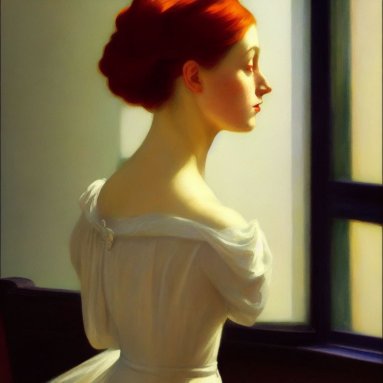 Portrait of Woman with Red Hair by Window in White Dress