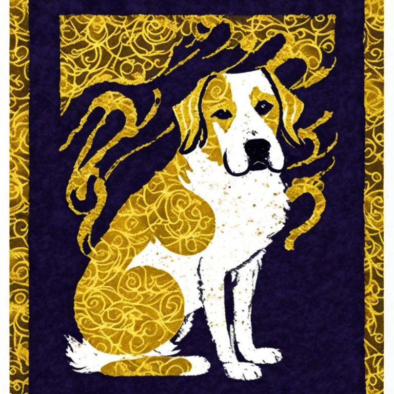 Golden Retriever Graphic with Yellow Patterns on Deep Purple Background