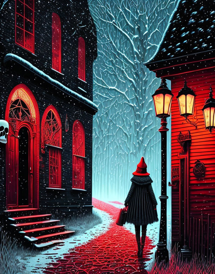 Person in Red Cloak Walking on Snow-Covered Street at Night