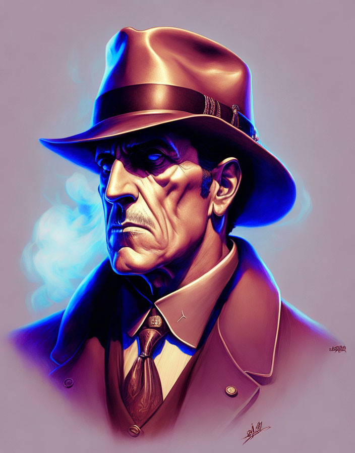 Digital portrait of a man in fedora hat and trench coat with sharp nose and smoking.