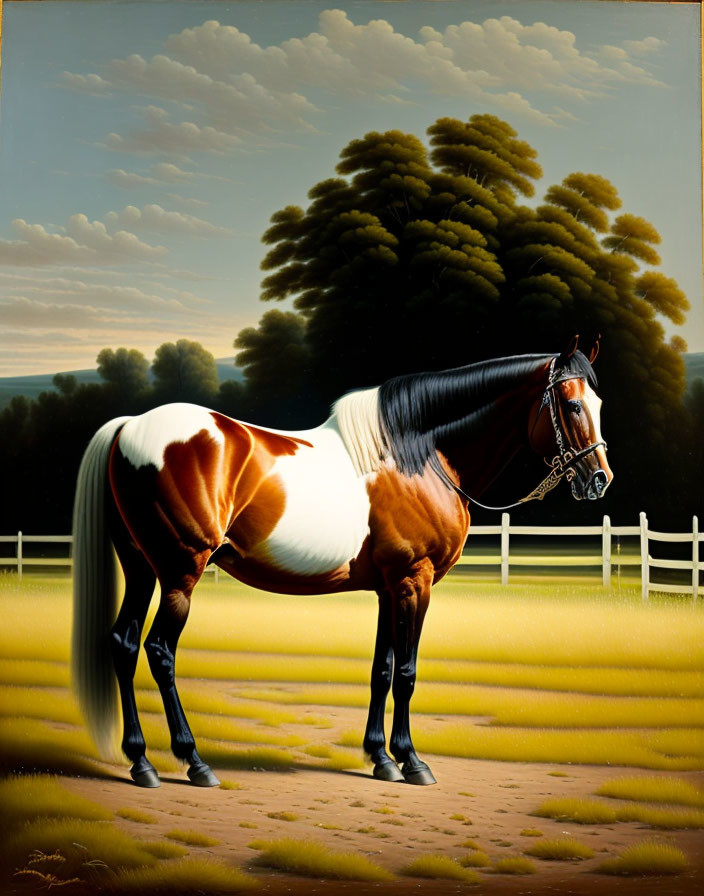 Brown and White Horse Painting in Bridle, Fenced Field, Cloudy Sky