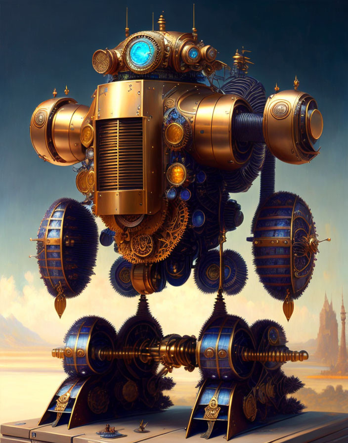 Steampunk-style floating robot with gears and balloons above a castle.