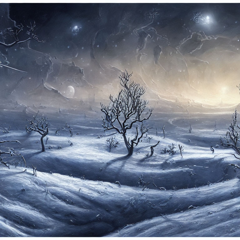 Barren Trees in Wintry Dusk Landscape with Glowing Horizon