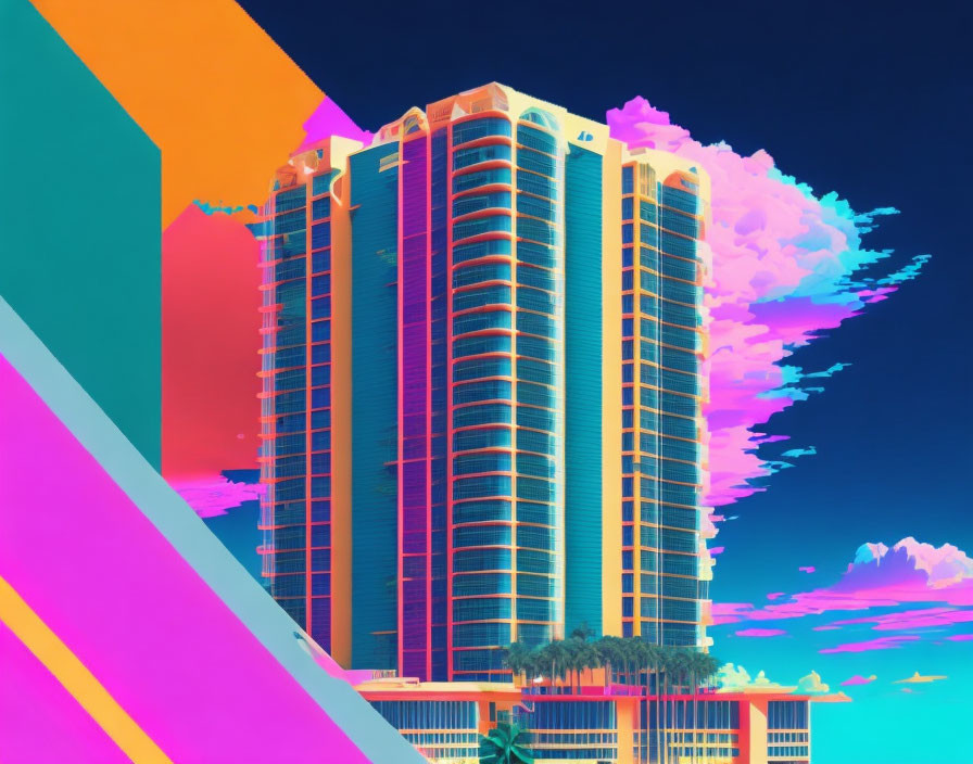 Color-shifted image of high-rise building and palm trees under trippy neon sky