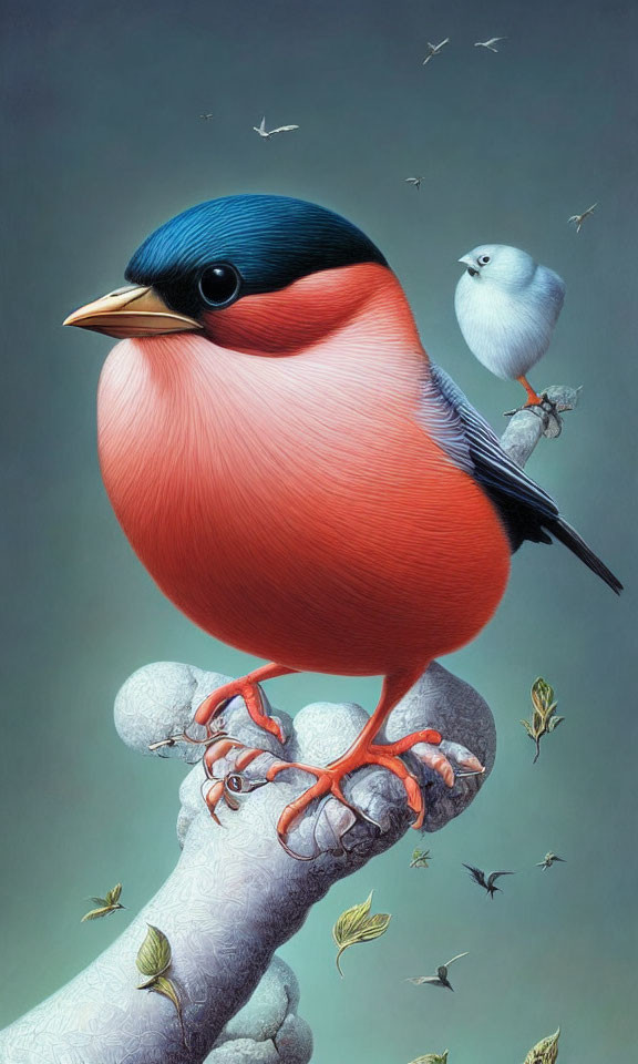 Vibrant red and blue bird perched on a patterned hand with tiny white bird among flying