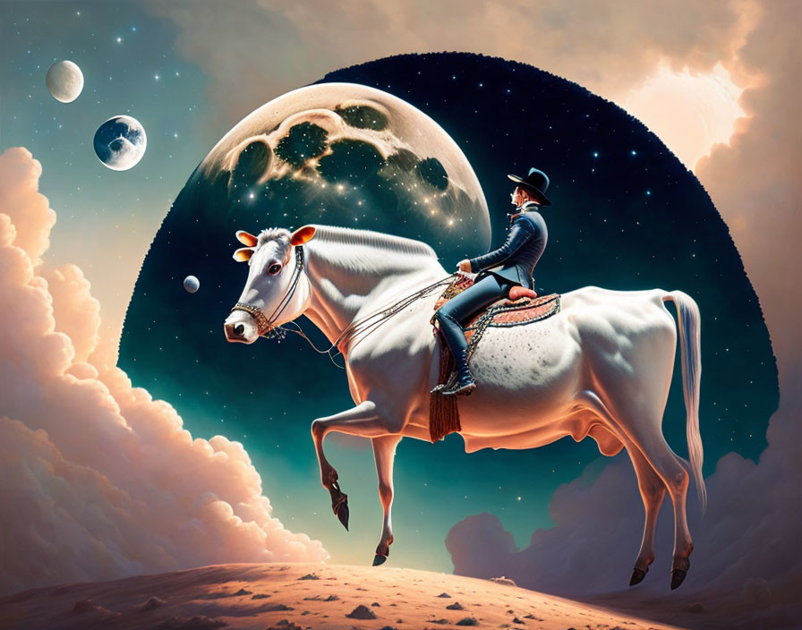 Surreal cowboy on white horse in sky with moon & planets