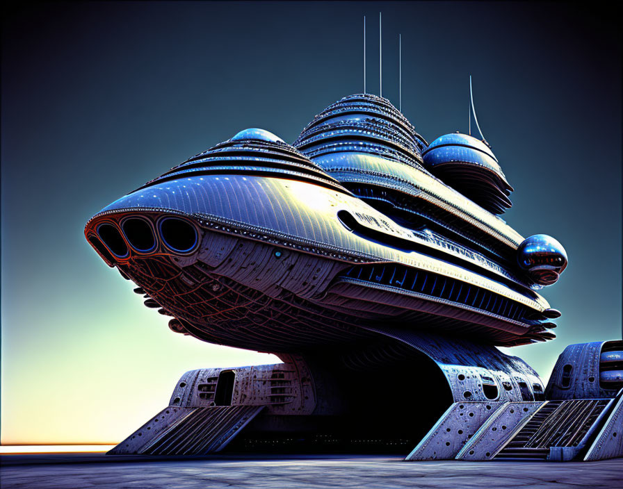 Futuristic multi-tiered spaceship with spherical modules on landing pad at dusk