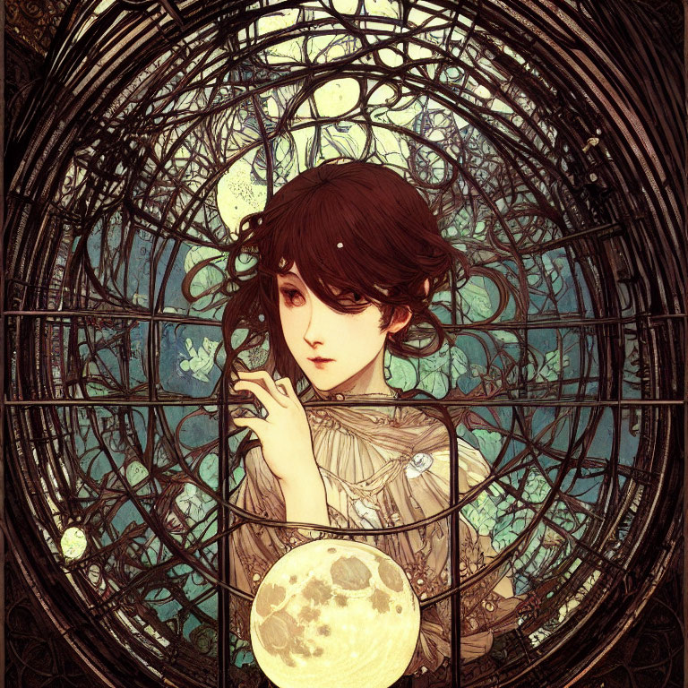 Dark-haired girl holding glowing moon in intricate floral lattice.