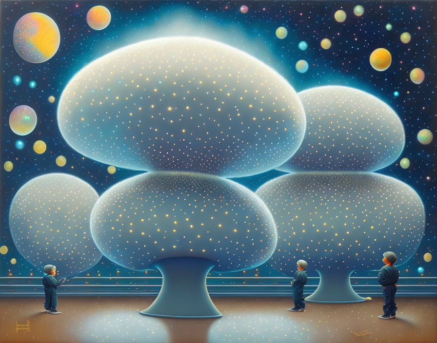 Two people view glowing mushroom structures in cosmic setting.