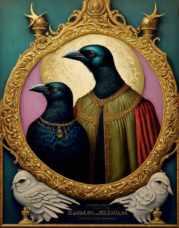 Regal pigeons in ornate golden frame with doves on teal background