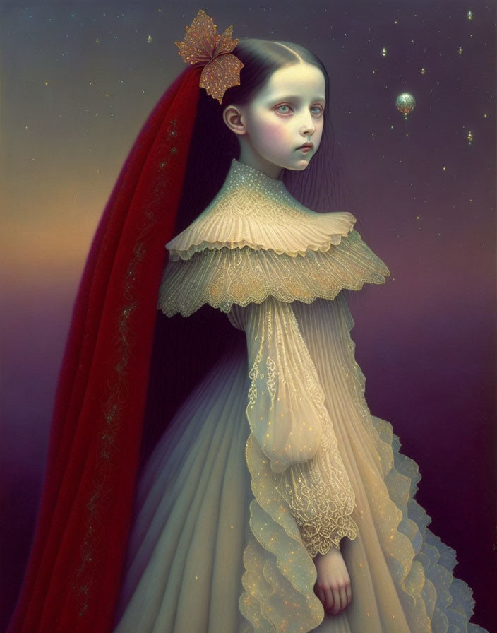 Surreal portrait of young girl in ornate dress against twilight sky