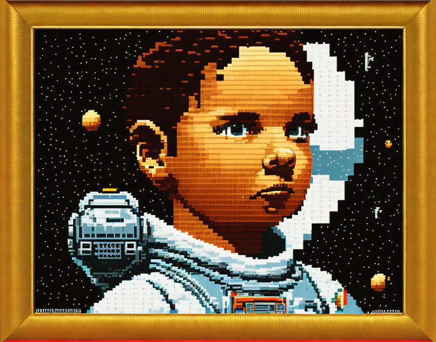 Pixel Art Portrait of Person in Spacesuit Against Starry Background