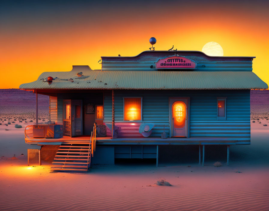 Desert house with lit windows at dusk, vibrant sunset, and rising full moon