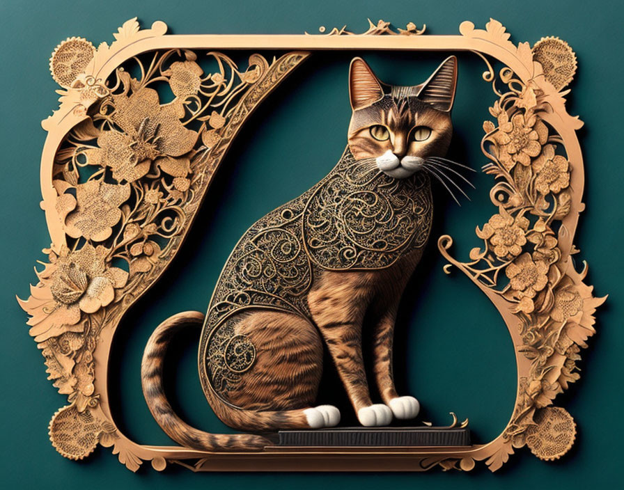 Patterned Fur Cat in Gold Floral Frame on Teal Background