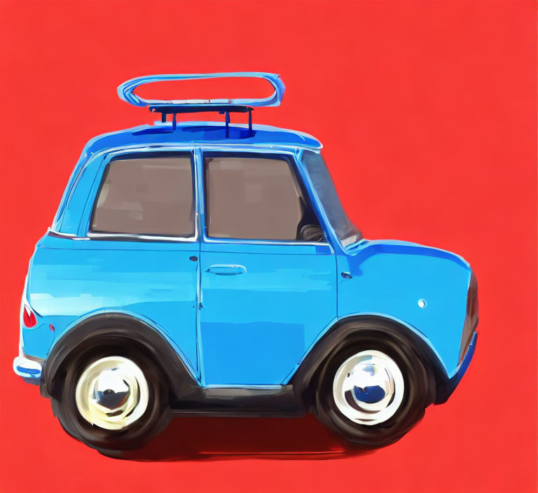 Compact Blue Car Illustration with White Wheels on Red Background