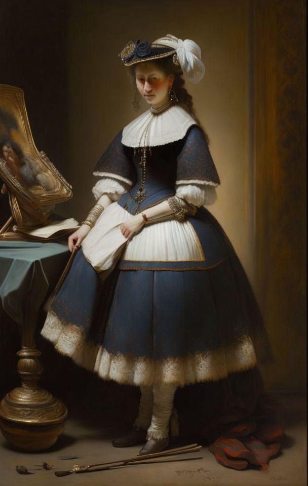 17th-Century Woman Oil Painting with Artistic Tools