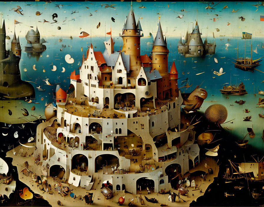 Medieval castle with townsfolk, ships, and flying fish in surreal sky