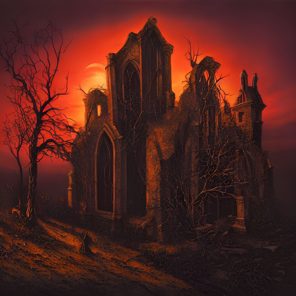 Eerie Gothic church scene with barren trees and red sky