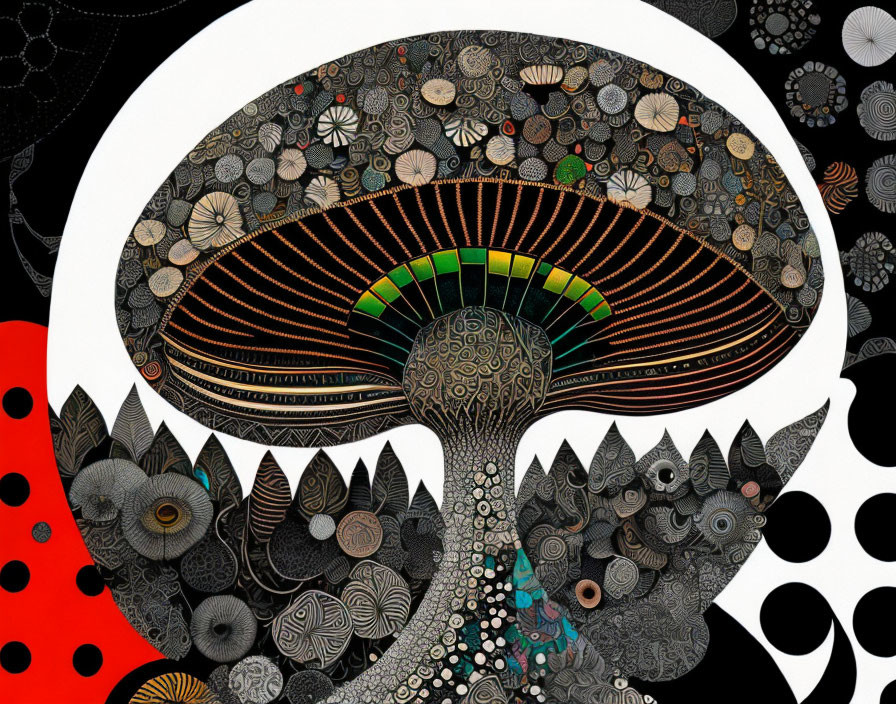 Abstract mushroom illustration with intricate patterns and textures on black background.